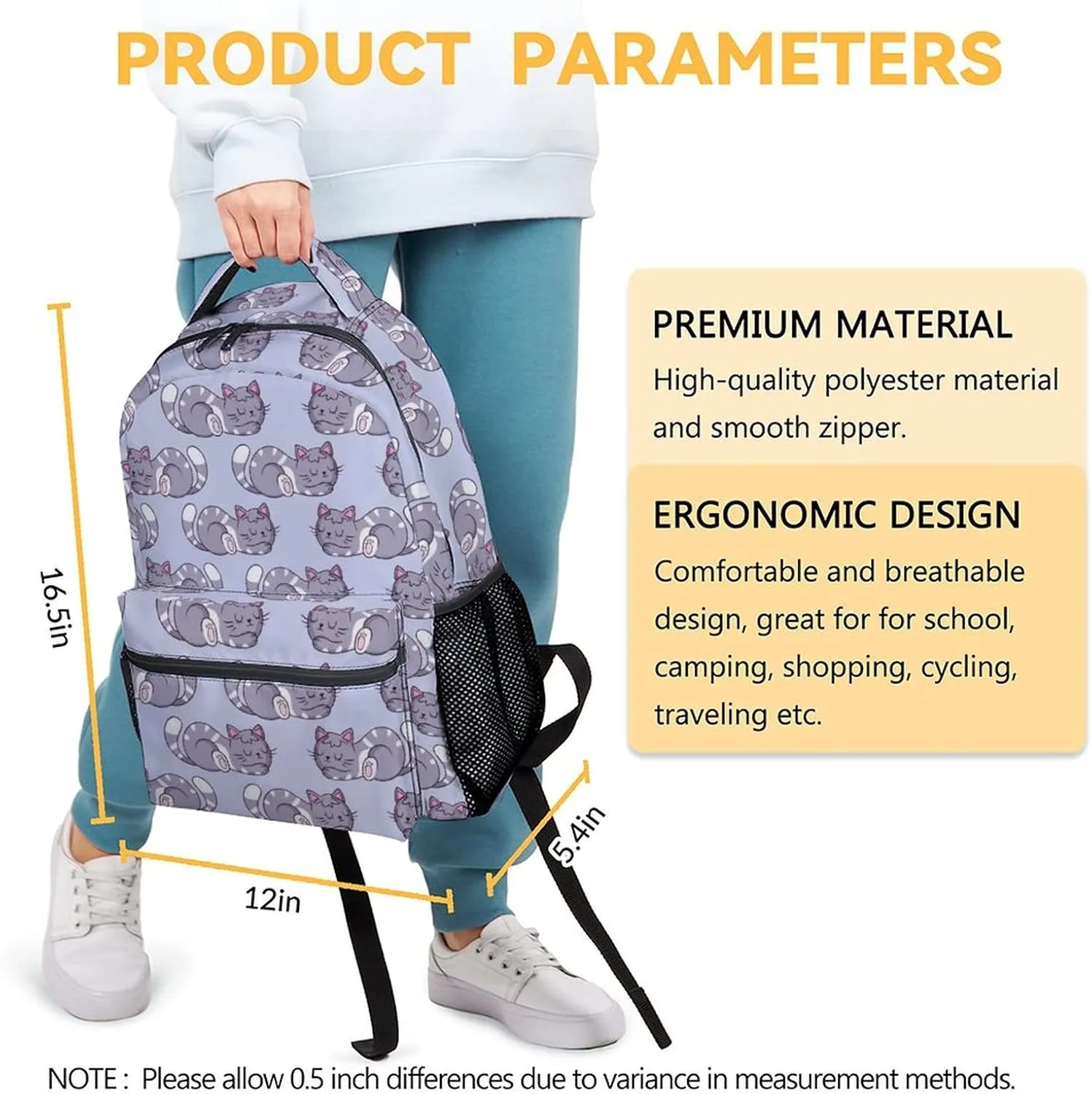 Cat Backpack for School - 16 Inches Aesthetic Backpacks for Kindergarten - Colorful Lightweight Bookbag for Students