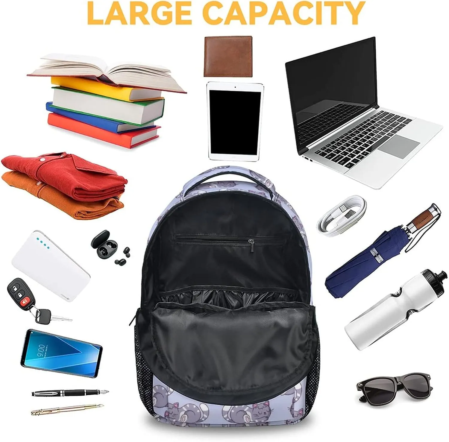 Cat Backpack for School - 16 Inches Aesthetic Backpacks for Kindergarten - Colorful Lightweight Bookbag for Students