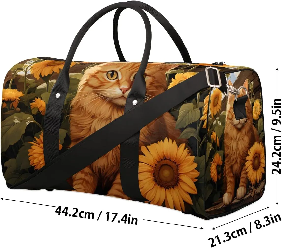 Cat Sunflowers Sun Painting Travel Duffel Bag for Women Men Waterproof Foldable Overnight Weekender Bag Large Capacity Sports Gym Bag