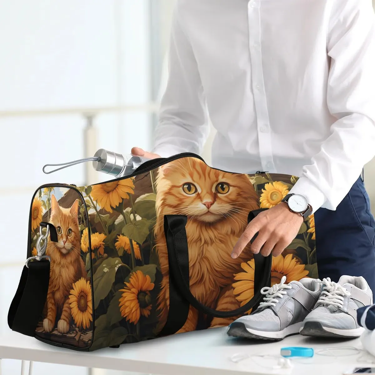 Cat Sunflowers Sun Painting Travel Duffel Bag for Women Men Waterproof Foldable Overnight Weekender Bag Large Capacity Sports Gym Bag