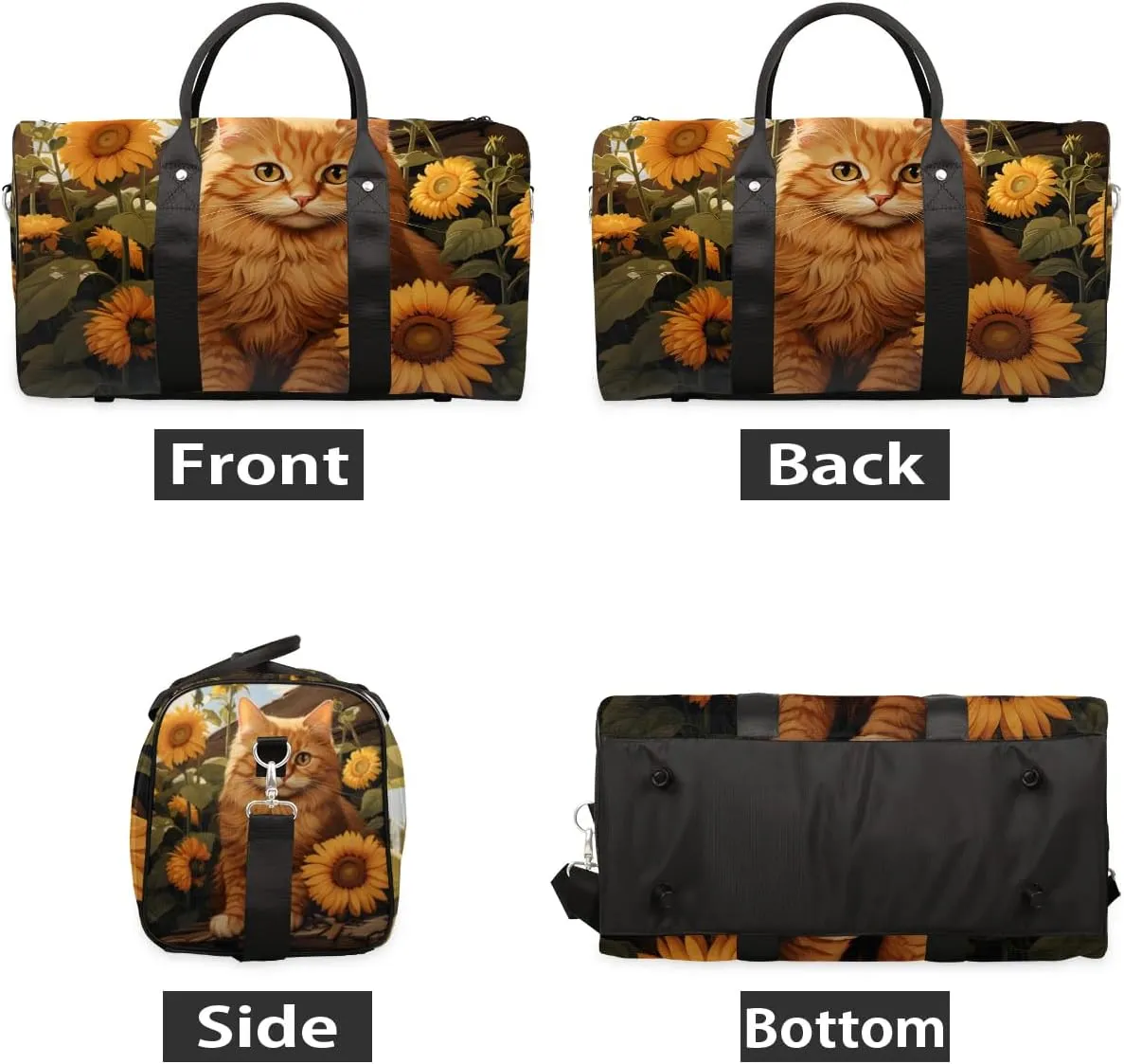 Cat Sunflowers Sun Painting Travel Duffel Bag for Women Men Waterproof Foldable Overnight Weekender Bag Large Capacity Sports Gym Bag