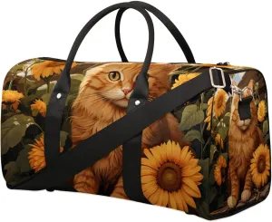Cat Sunflowers Sun Painting Travel Duffel Bag for Women Men Waterproof Foldable Overnight Weekender Bag Large Capacity Sports Gym Bag