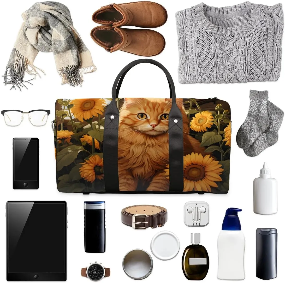 Cat Sunflowers Sun Painting Travel Duffel Bag for Women Men Waterproof Foldable Overnight Weekender Bag Large Capacity Sports Gym Bag