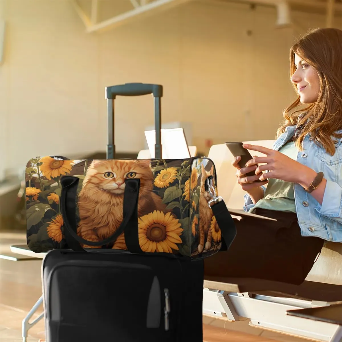 Cat Sunflowers Sun Painting Travel Duffel Bag for Women Men Waterproof Foldable Overnight Weekender Bag Large Capacity Sports Gym Bag