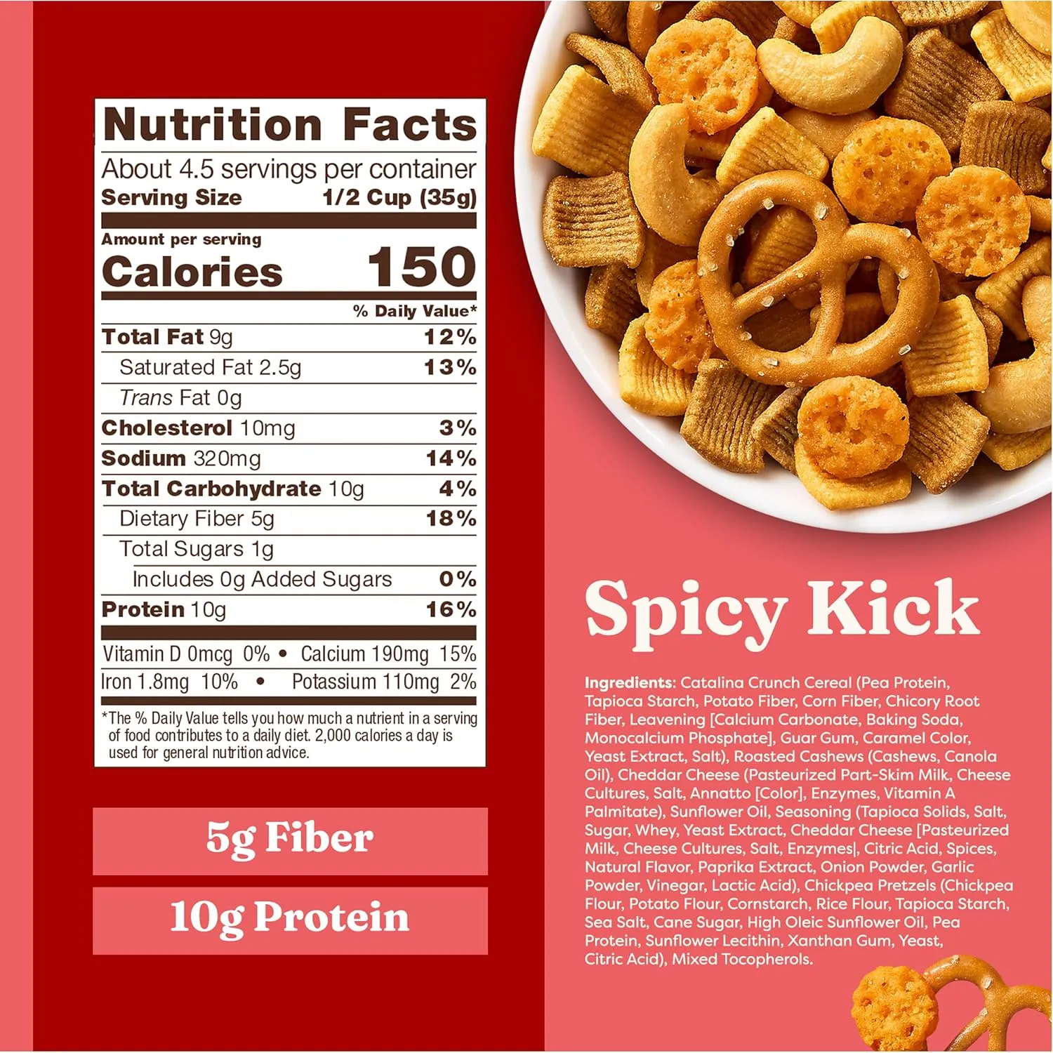Catalina Crunch Protein Snack Mix with Cheese Crisps | 10g Protein, 1g Sugar per Serving | Good Source of Fiber, Keto, Gluten Free | Spicy Kick, 5.25 Ounce Bag (Pack of 5) - Packaging May Vary