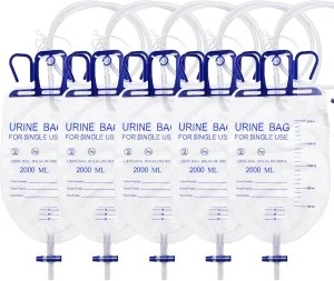 Catheter Urinary Drainage Bags for Men 2000mL,Thicker Tube - Fast Drainage,5pcs Urine Bags,Professional Incontinence for Home and Hospitals Health Aids,with Clips and Hanging Hooks