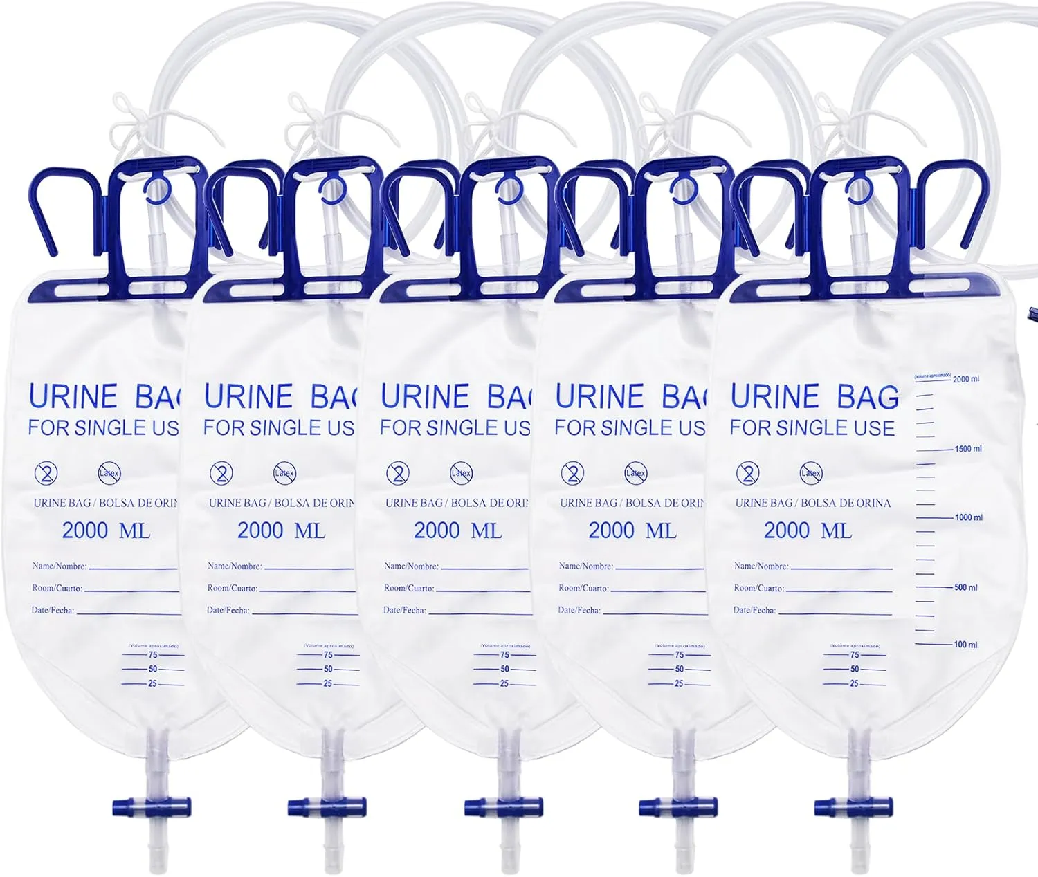 Catheter Urinary Drainage Bags for Men 2000mL,Thicker Tube - Fast Drainage,5pcs Urine Bags,Professional Incontinence for Home and Hospitals Health Aids,with Clips and Hanging Hooks