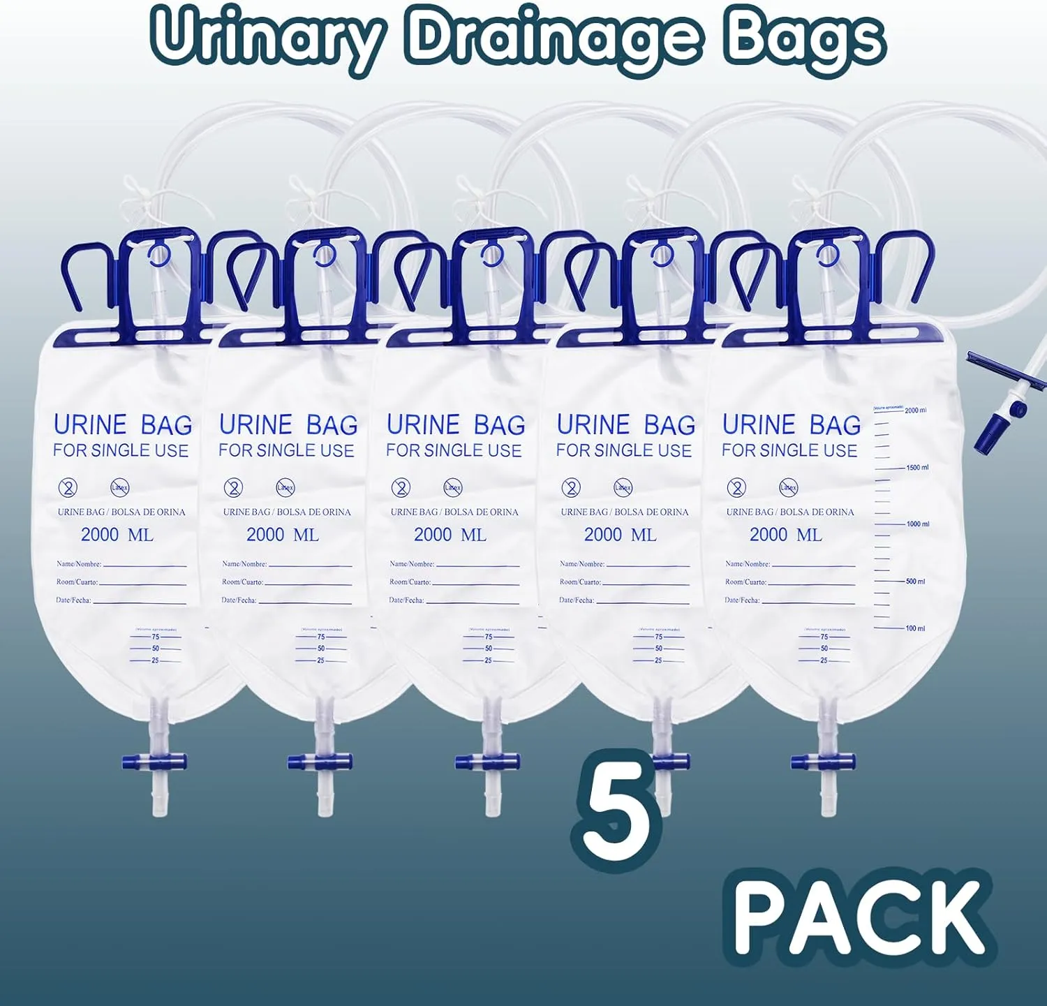 Catheter Urinary Drainage Bags for Men 2000mL,Thicker Tube - Fast Drainage,5pcs Urine Bags,Professional Incontinence for Home and Hospitals Health Aids,with Clips and Hanging Hooks