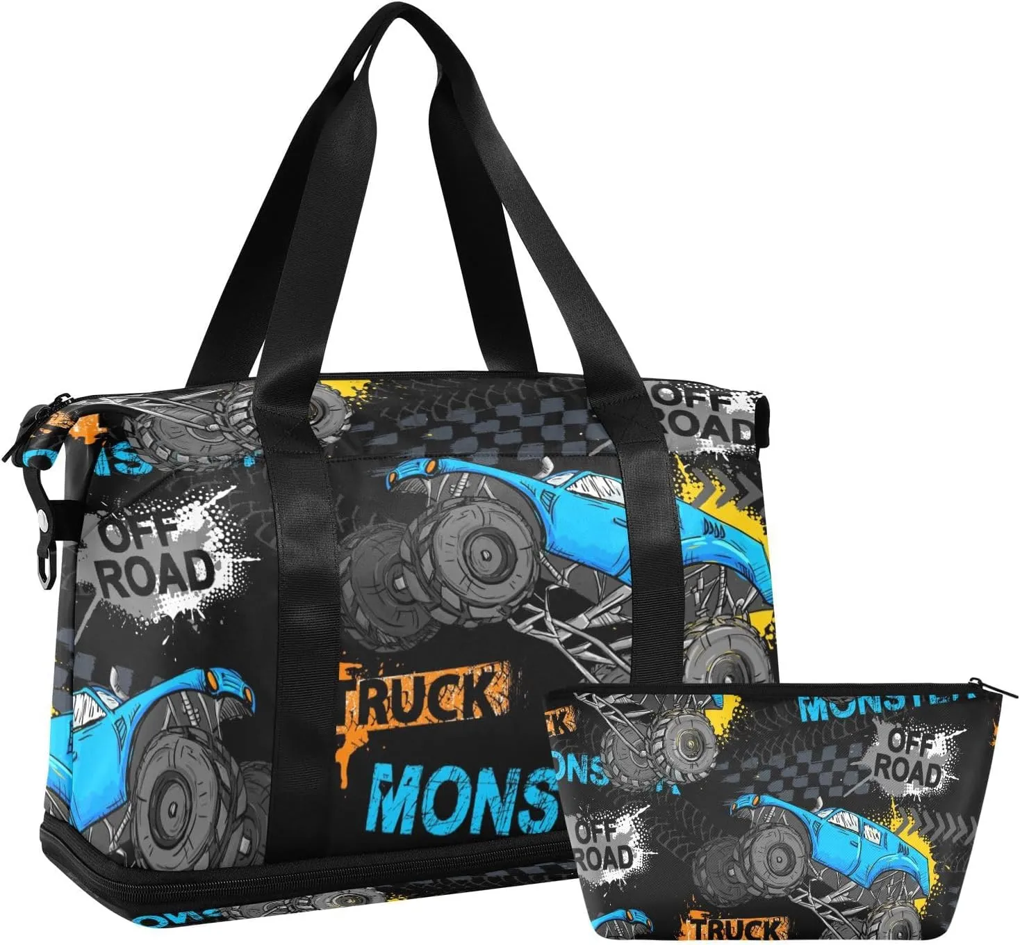 CEBUGI Boy Monster Truck Sports Duffle Bags Extensible Gym Bag Wet and Dry Separate Portable Travel Duffel with Shoe Compartment & Wet Pocket