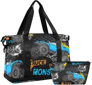 CEBUGI Boy Monster Truck Sports Duffle Bags Extensible Gym Bag Wet and Dry Separate Portable Travel Duffel with Shoe Compartment & Wet Pocket