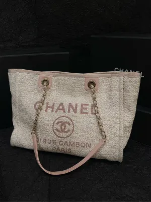 Chanel Pink Gold Knitted Beach Tote Bag with Card