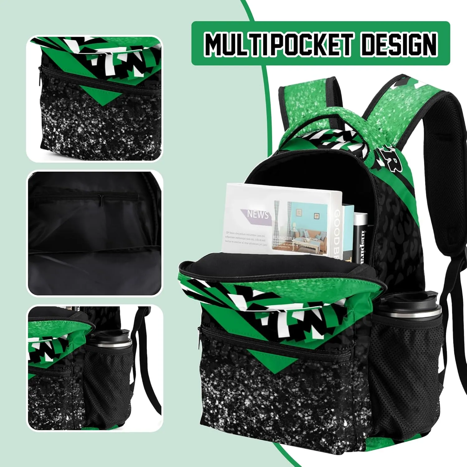Cheer Backpacks for Cheerleaders, Cheerleading Backpack 16.5in, Cheerleader Gifts for Team (Green&Black)