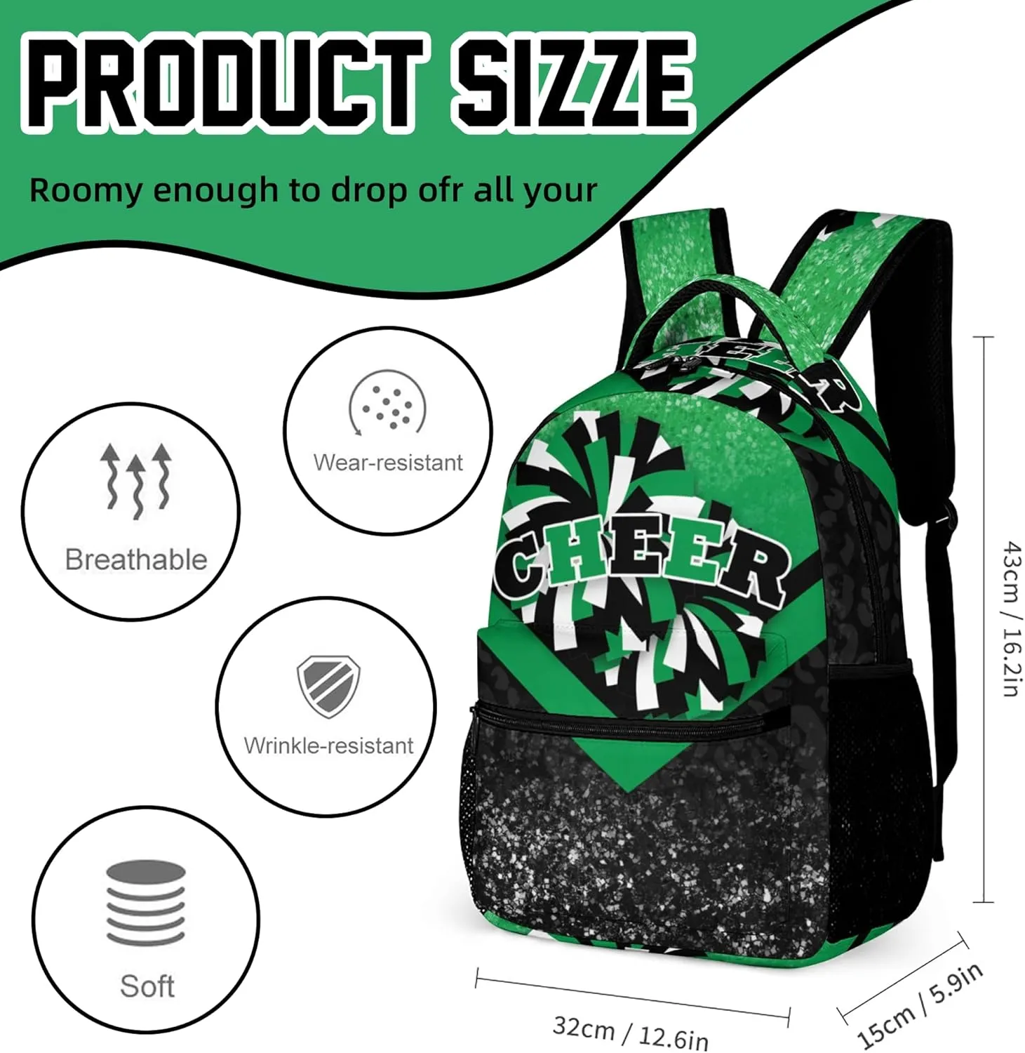 Cheer Backpacks for Cheerleaders, Cheerleading Backpack 16.5in, Cheerleader Gifts for Team (Green&Black)