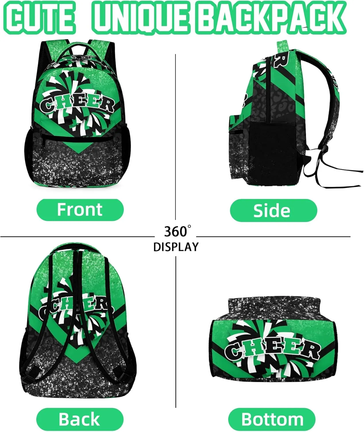 Cheer Backpacks for Cheerleaders, Cheerleading Backpack 16.5in, Cheerleader Gifts for Team (Green&Black)
