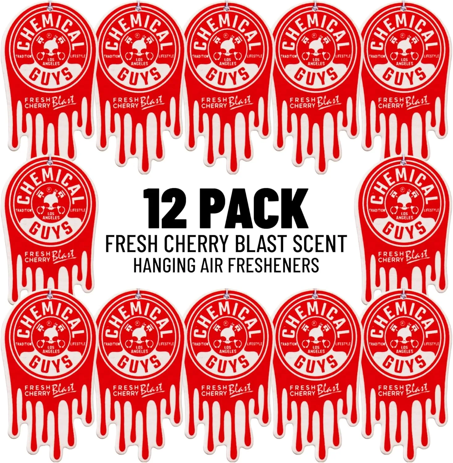 Chemical Guys Hanging Air Freshener, Fresh Cherry Scent 12 Pack, Great for Cars, Trucks, SUVs, RVs, Home, Garage, Workspace, Dorm Room & More (4 x 3 Packs) - AIR40604