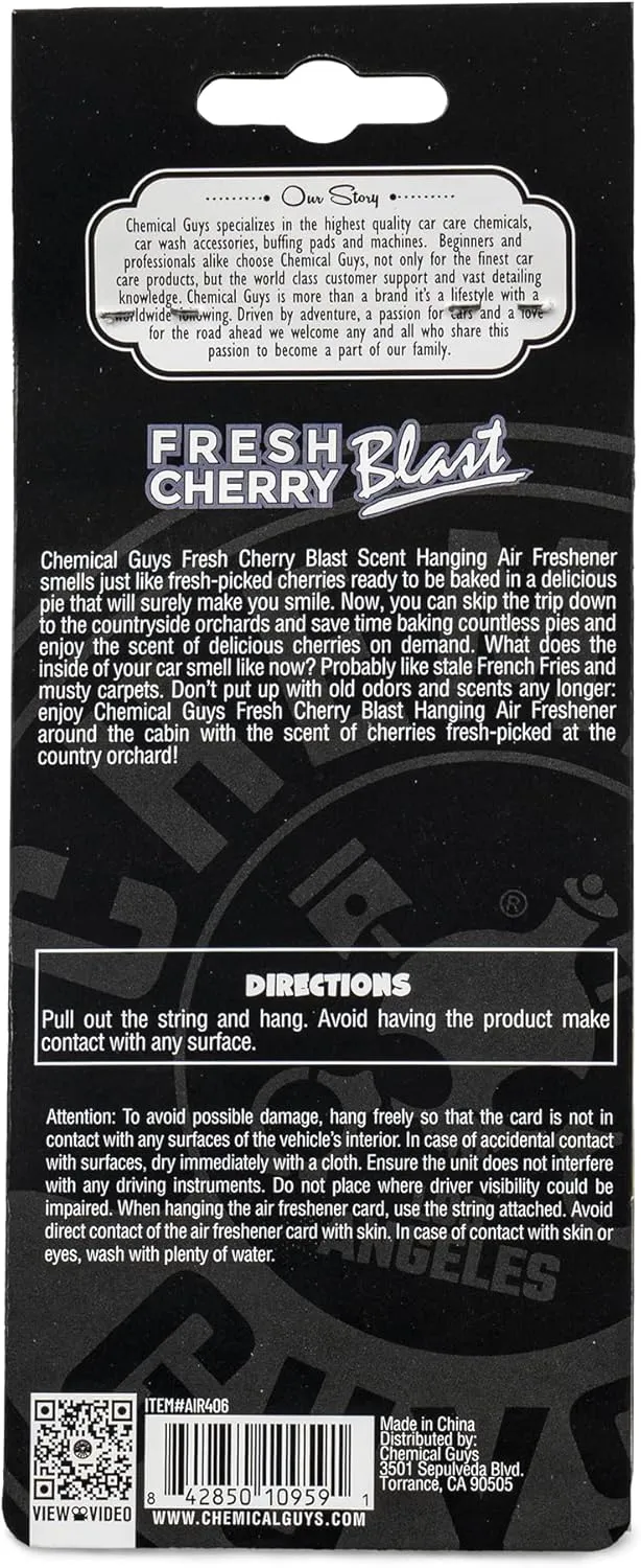 Chemical Guys Hanging Air Freshener, Fresh Cherry Scent 12 Pack, Great for Cars, Trucks, SUVs, RVs, Home, Garage, Workspace, Dorm Room & More (4 x 3 Packs) - AIR40604