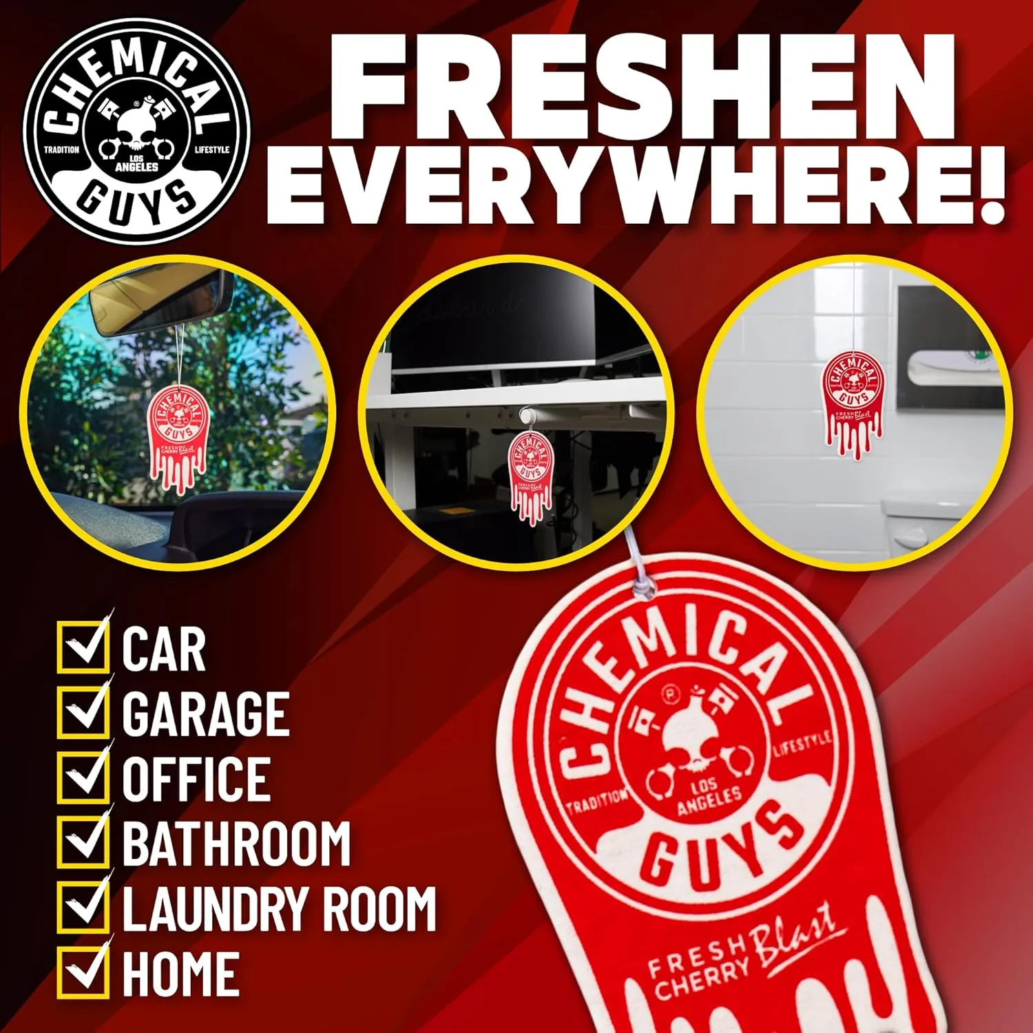 Chemical Guys Hanging Air Freshener, Fresh Cherry Scent 12 Pack, Great for Cars, Trucks, SUVs, RVs, Home, Garage, Workspace, Dorm Room & More (4 x 3 Packs) - AIR40604