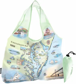 Chesapeake Bay Map Pouch Tote with Handles – Reusable & Eco-Friendly Grocery Shopping Bag, Foldable Nylon, Heavy Duty, 18" x 25"