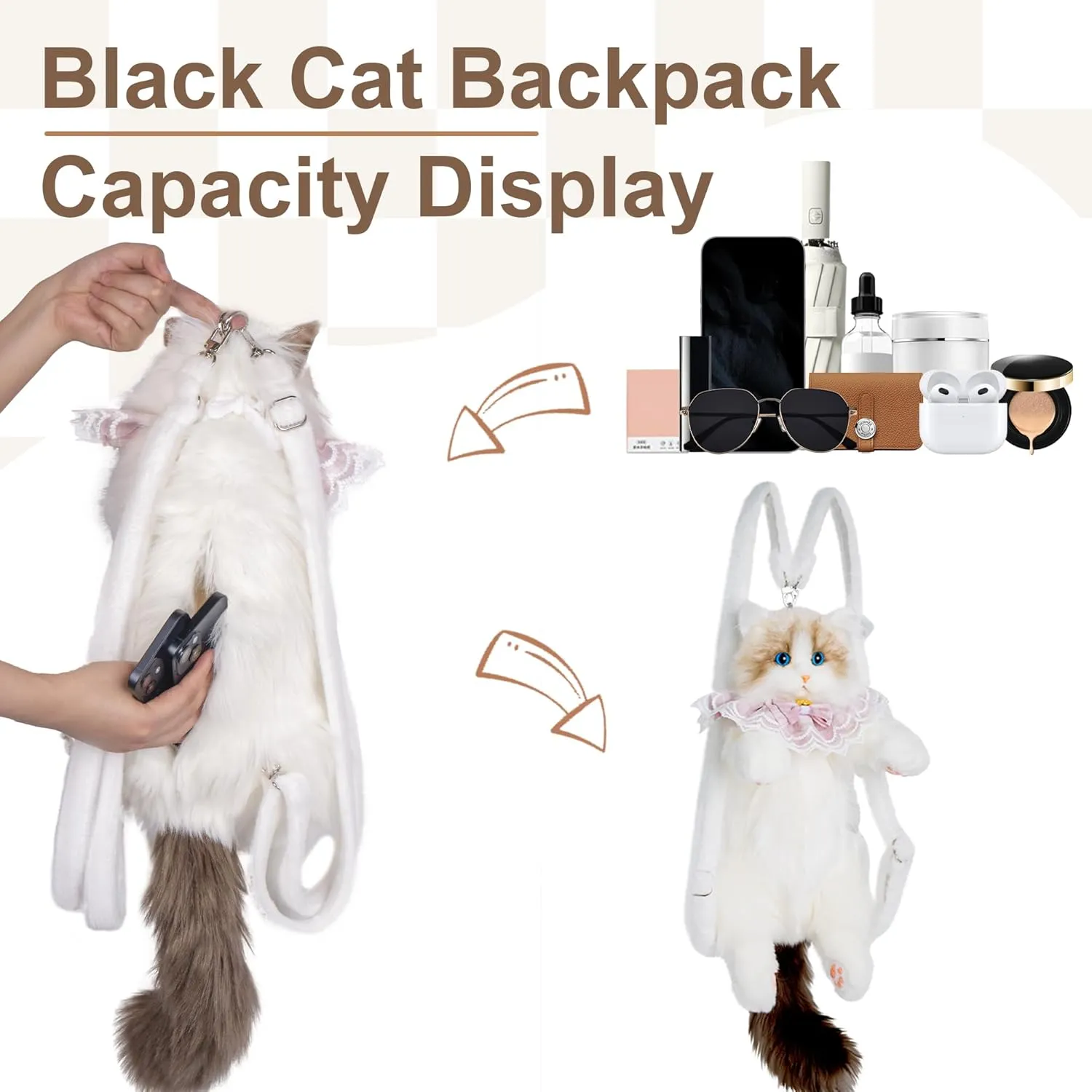 Chongker Stuffed Animals Backpack - Cute Cat plush Backpack, Handcrafted Realistic Cat Shaped Backpack, Idea for Birthdays Anniversaries Ordinary days Large Ragdoll Bag