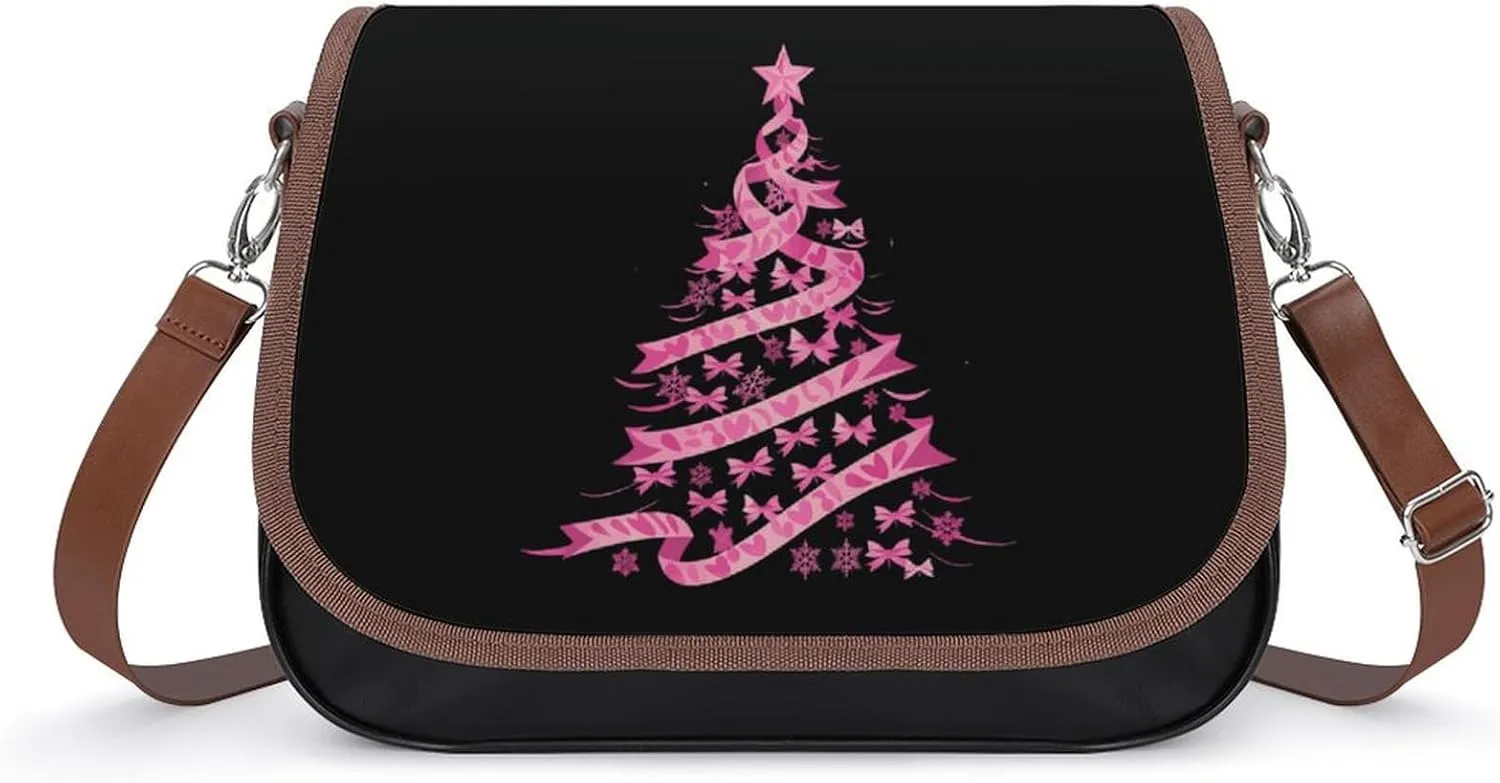 Christmas Breast Cancer Holiday Ribbon Fight Awareness Women's Crossbody Bag Leather Tote Bag Shoulder Bag Handbag for Office Travel