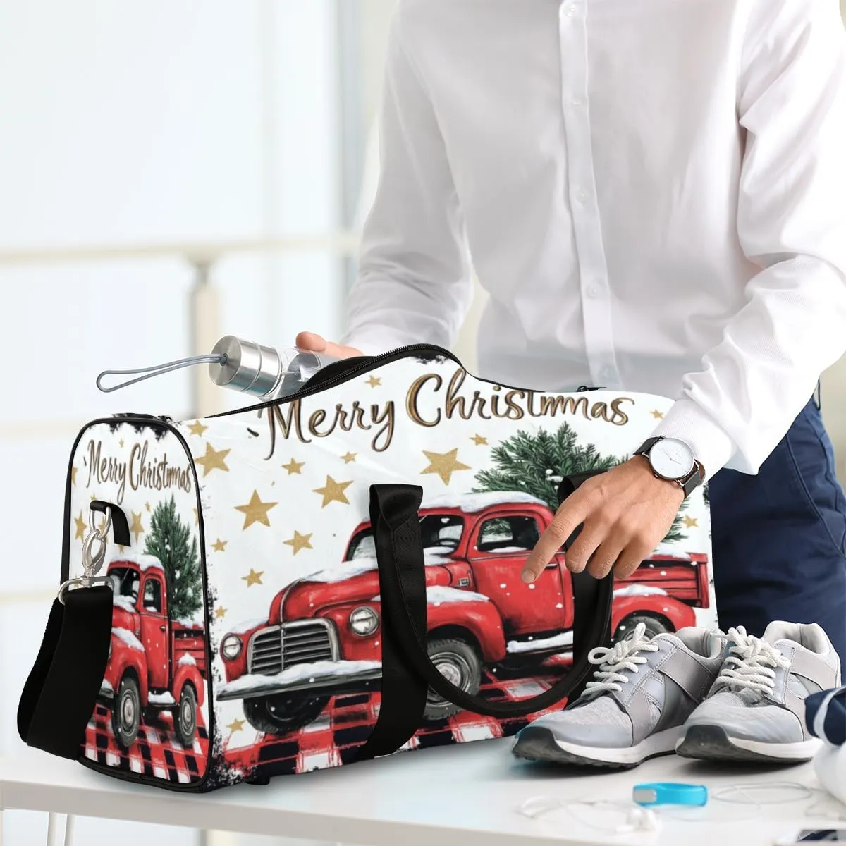 Christmas Buffalo Plaid With Red Truck Travel Duffle Bag, Sports Gym Bags for Women Men, Carry On Weekender Overnight Workout Airplane Trips Bag