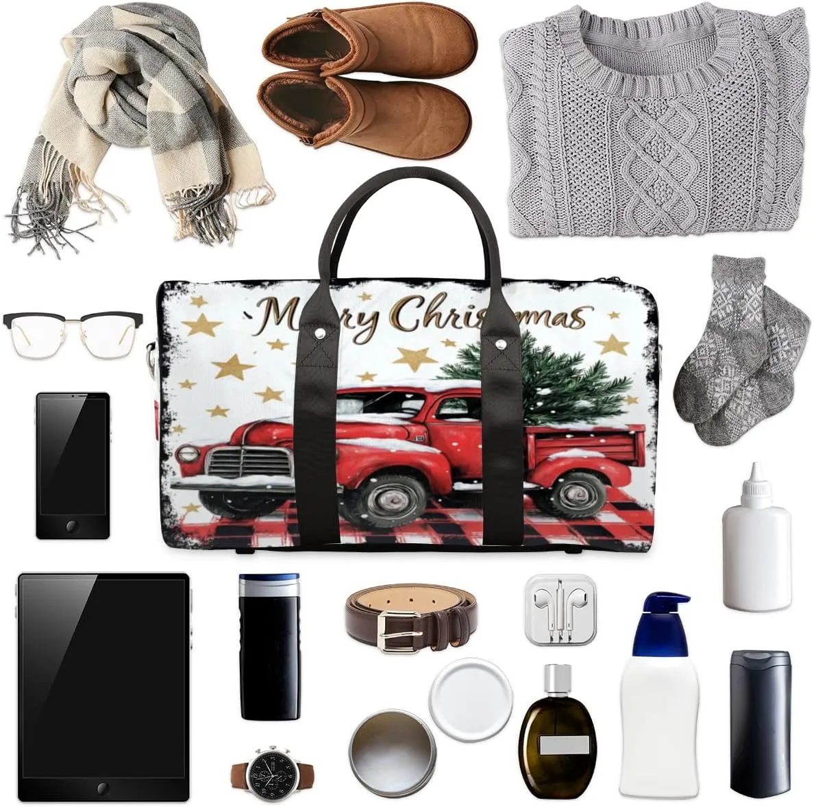 Christmas Buffalo Plaid With Red Truck Travel Duffle Bag, Sports Gym Bags for Women Men, Carry On Weekender Overnight Workout Airplane Trips Bag
