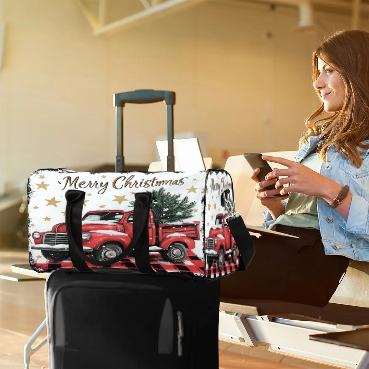 Christmas Buffalo Plaid With Red Truck Travel Duffle Bag, Sports Gym Bags for Women Men, Carry On Weekender Overnight Workout Airplane Trips Bag