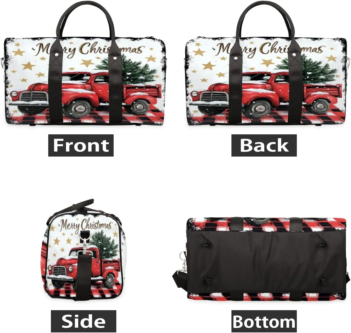 Christmas Buffalo Plaid With Red Truck Travel Duffle Bag, Sports Gym Bags for Women Men, Carry On Weekender Overnight Workout Airplane Trips Bag
