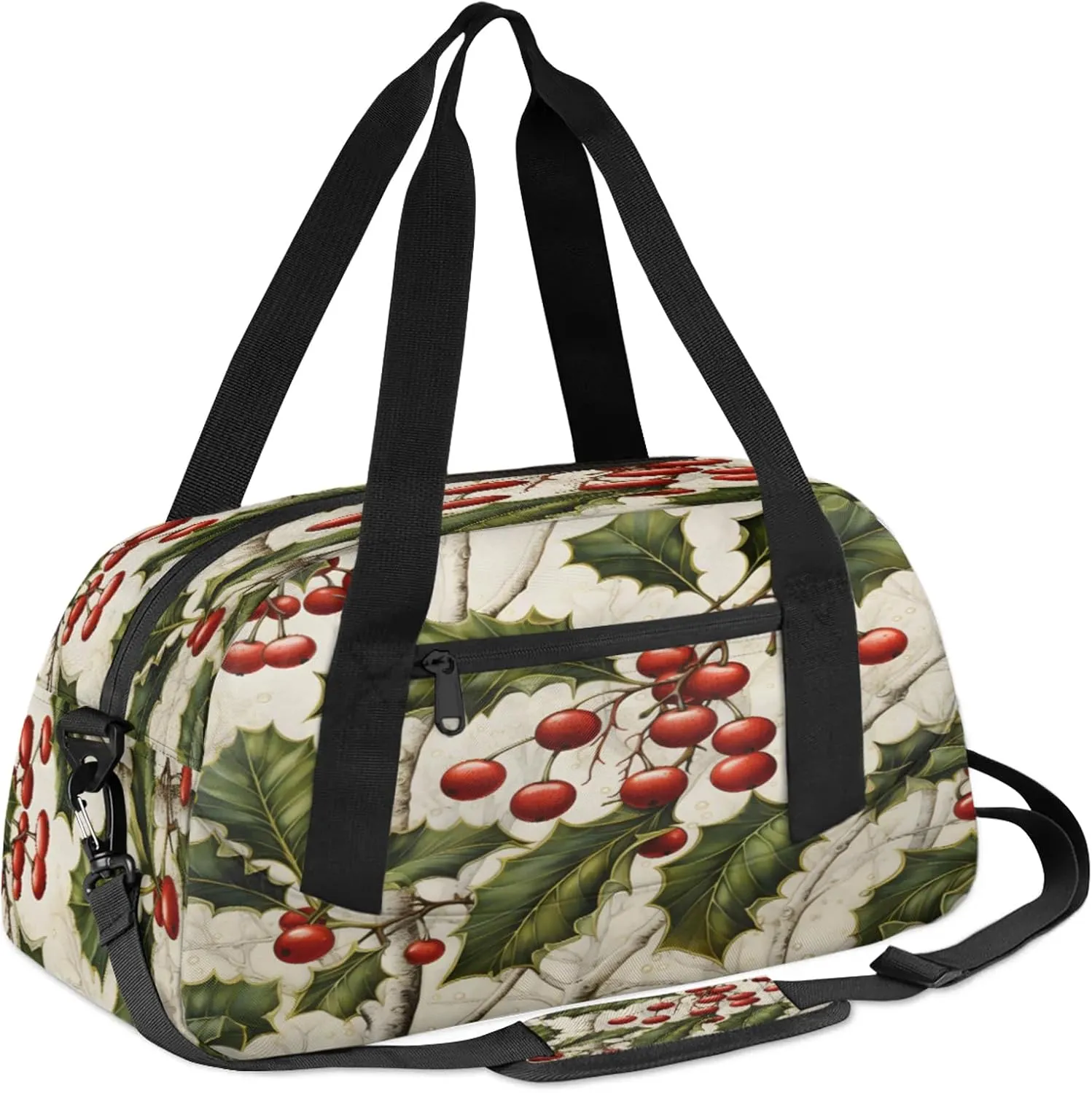 Christmas Holly Berry Kids Duffel Bag Lightweight Waterproof Sports Gym Bag with Front Zipper Pocket Foldable Weekender Overnight Bag for School Practice Gymnastic Ballet
