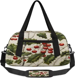 Christmas Holly Berry Kids Duffel Bag Lightweight Waterproof Sports Gym Bag with Front Zipper Pocket Foldable Weekender Overnight Bag for School Practice Gymnastic Ballet