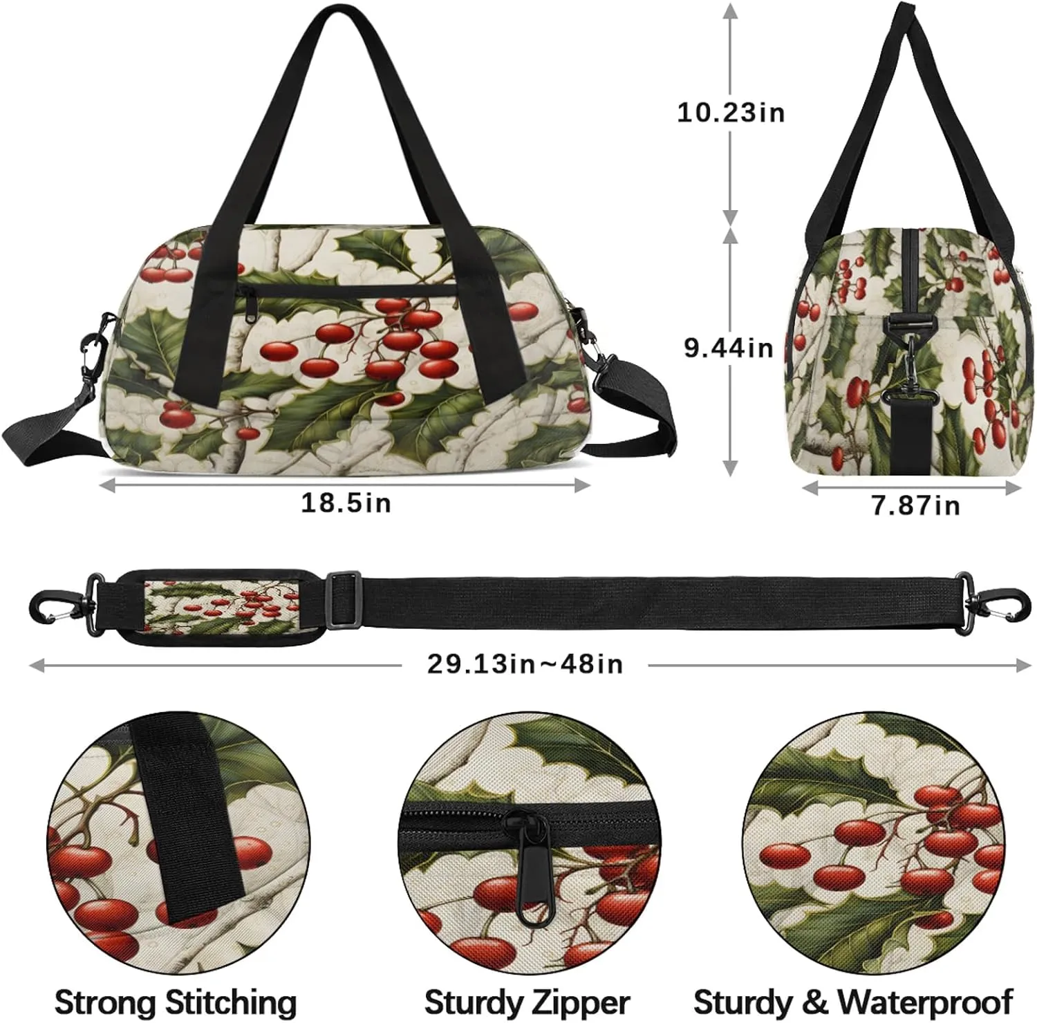 Christmas Holly Berry Kids Duffel Bag Lightweight Waterproof Sports Gym Bag with Front Zipper Pocket Foldable Weekender Overnight Bag for School Practice Gymnastic Ballet