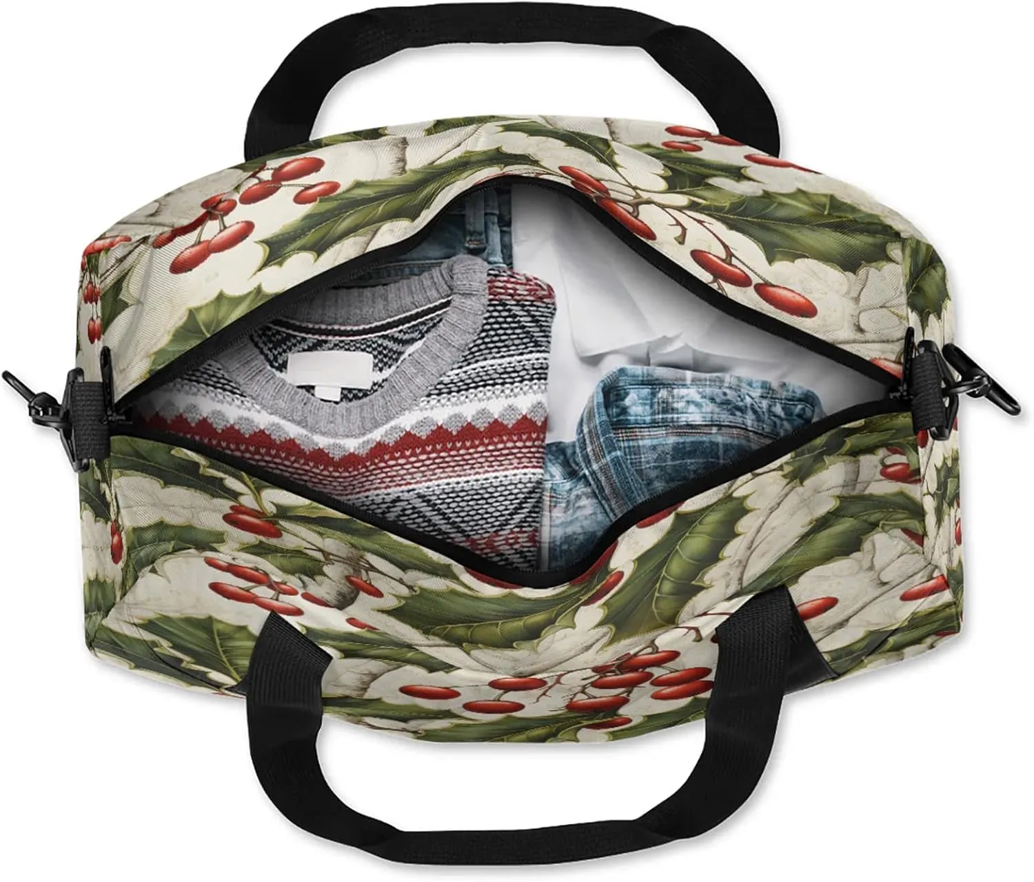 Christmas Holly Berry Kids Duffel Bag Lightweight Waterproof Sports Gym Bag with Front Zipper Pocket Foldable Weekender Overnight Bag for School Practice Gymnastic Ballet