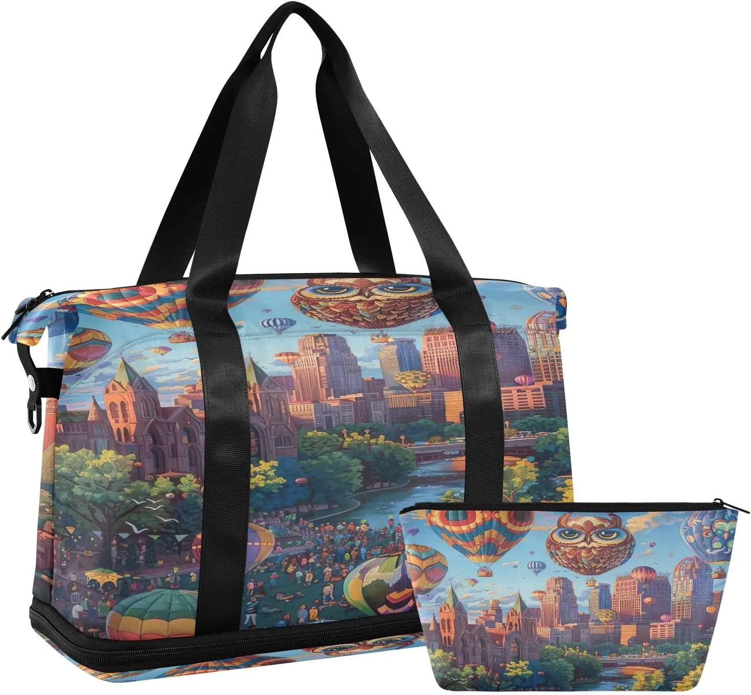 Cityscape with Hot Air Balloons Travel Duffle Bags for Men Waterproof Athletic Duffle Bag, Weekender Bags for Women with Dry and Wet Separation