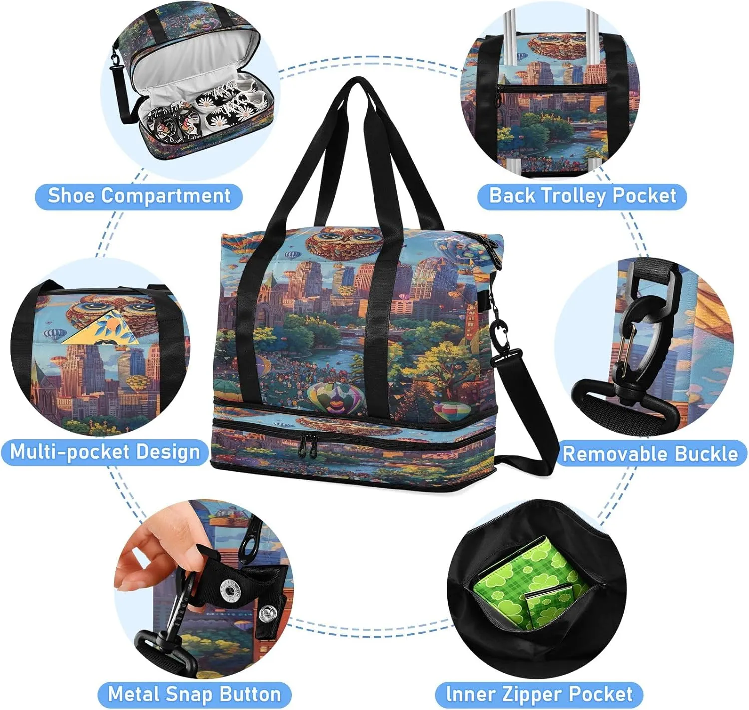 Cityscape with Hot Air Balloons Travel Duffle Bags for Men Waterproof Athletic Duffle Bag, Weekender Bags for Women with Dry and Wet Separation