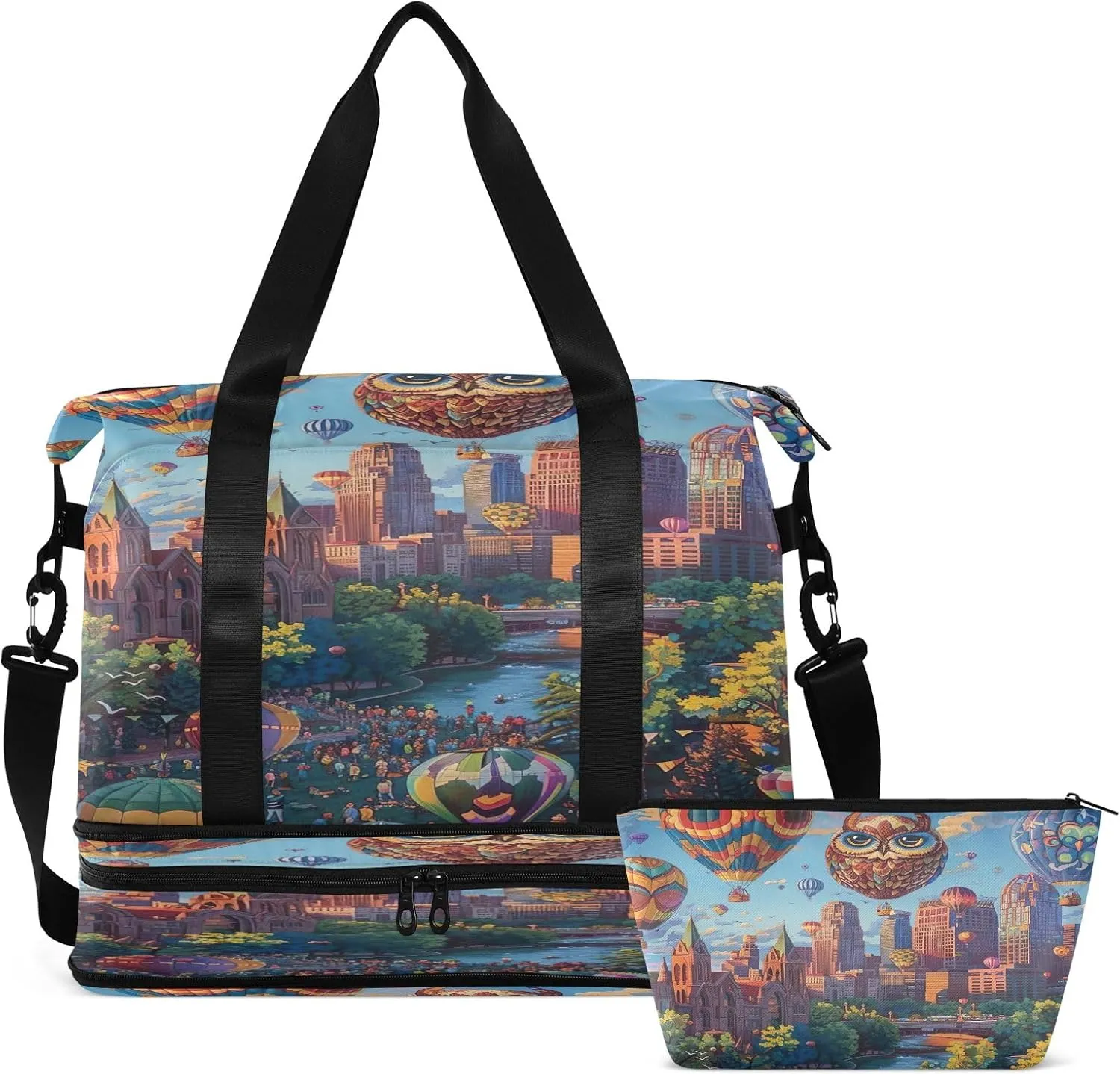 Cityscape with Hot Air Balloons Travel Duffle Bags for Men Waterproof Athletic Duffle Bag, Weekender Bags for Women with Dry and Wet Separation