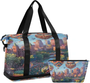 Cityscape with Hot Air Balloons Travel Duffle Bags for Men Waterproof Athletic Duffle Bag, Weekender Bags for Women with Dry and Wet Separation