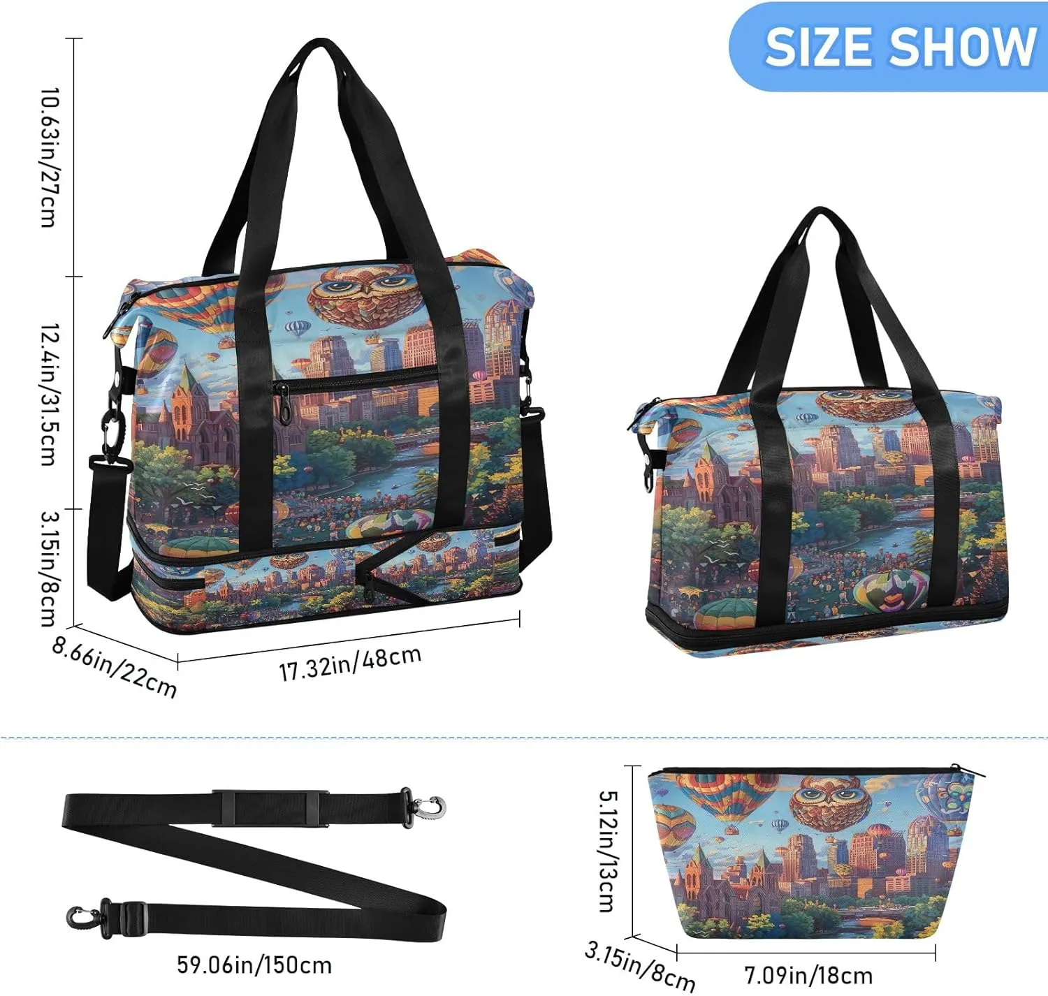 Cityscape with Hot Air Balloons Travel Duffle Bags for Men Waterproof Athletic Duffle Bag, Weekender Bags for Women with Dry and Wet Separation