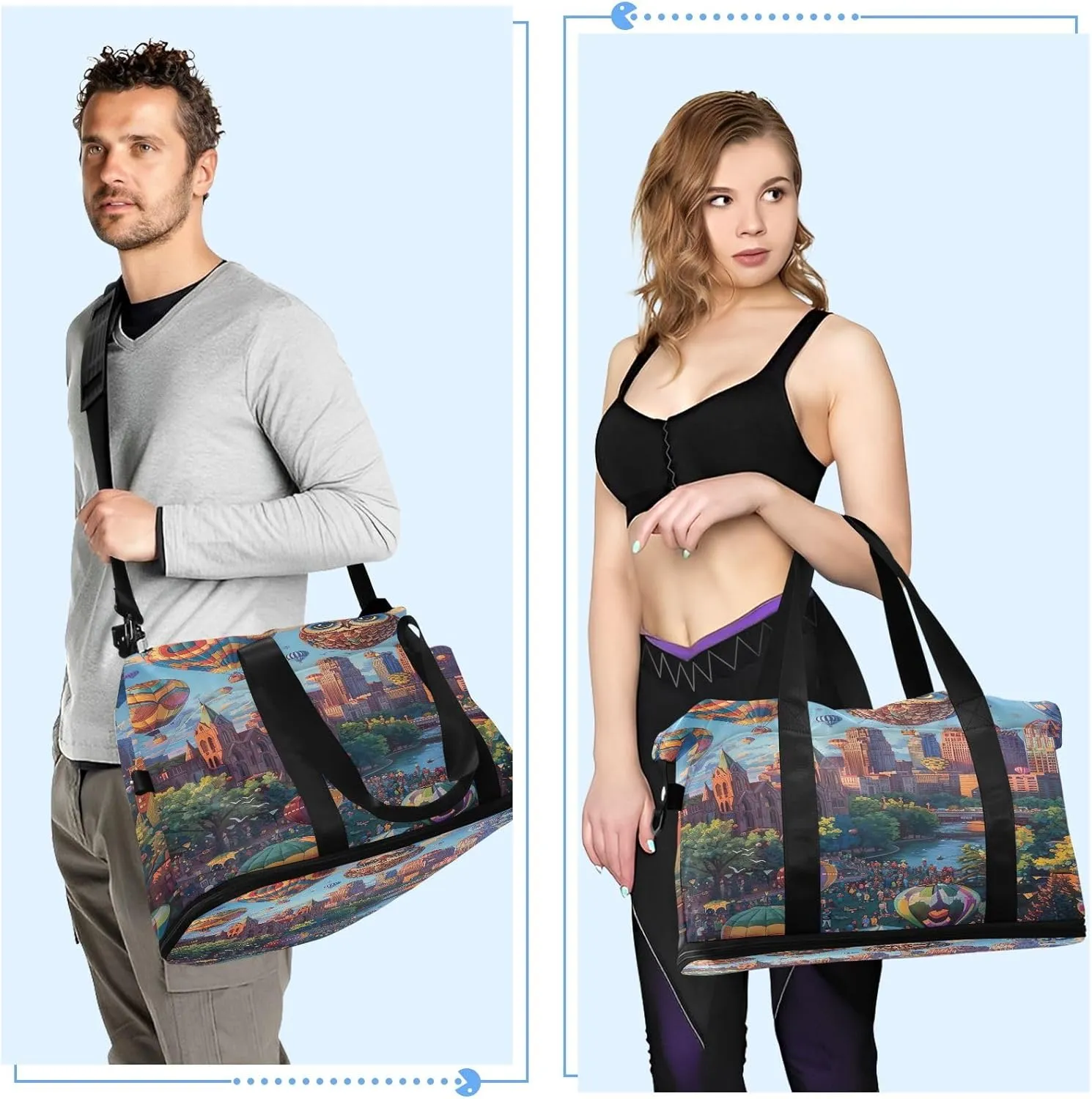 Cityscape with Hot Air Balloons Travel Duffle Bags for Men Waterproof Athletic Duffle Bag, Weekender Bags for Women with Dry and Wet Separation