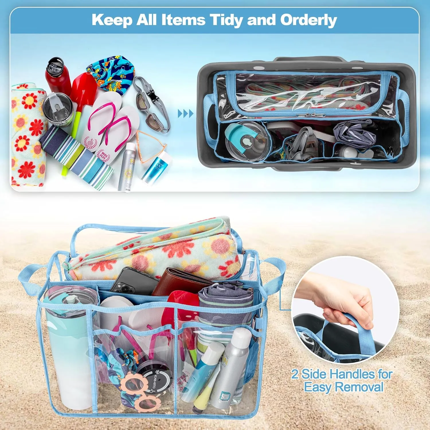 Clear Beach Bag Organizer Insert Compatible with BOGG BAG Original X Large, Zipper Organizer Liner Compatible with BOGG BAG Original X Large, Insert Divider Pouch with 2 Compartments, Blue