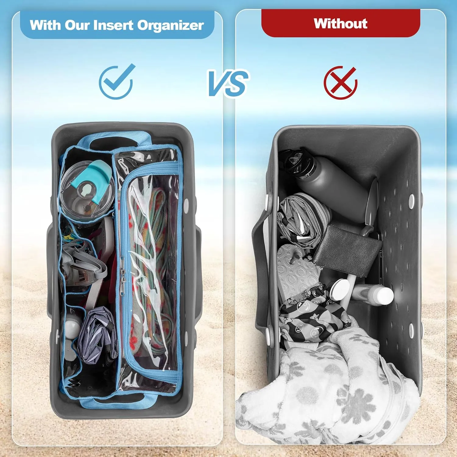Clear Beach Bag Organizer Insert Compatible with BOGG BAG Original X Large, Zipper Organizer Liner Compatible with BOGG BAG Original X Large, Insert Divider Pouch with 2 Compartments, Blue