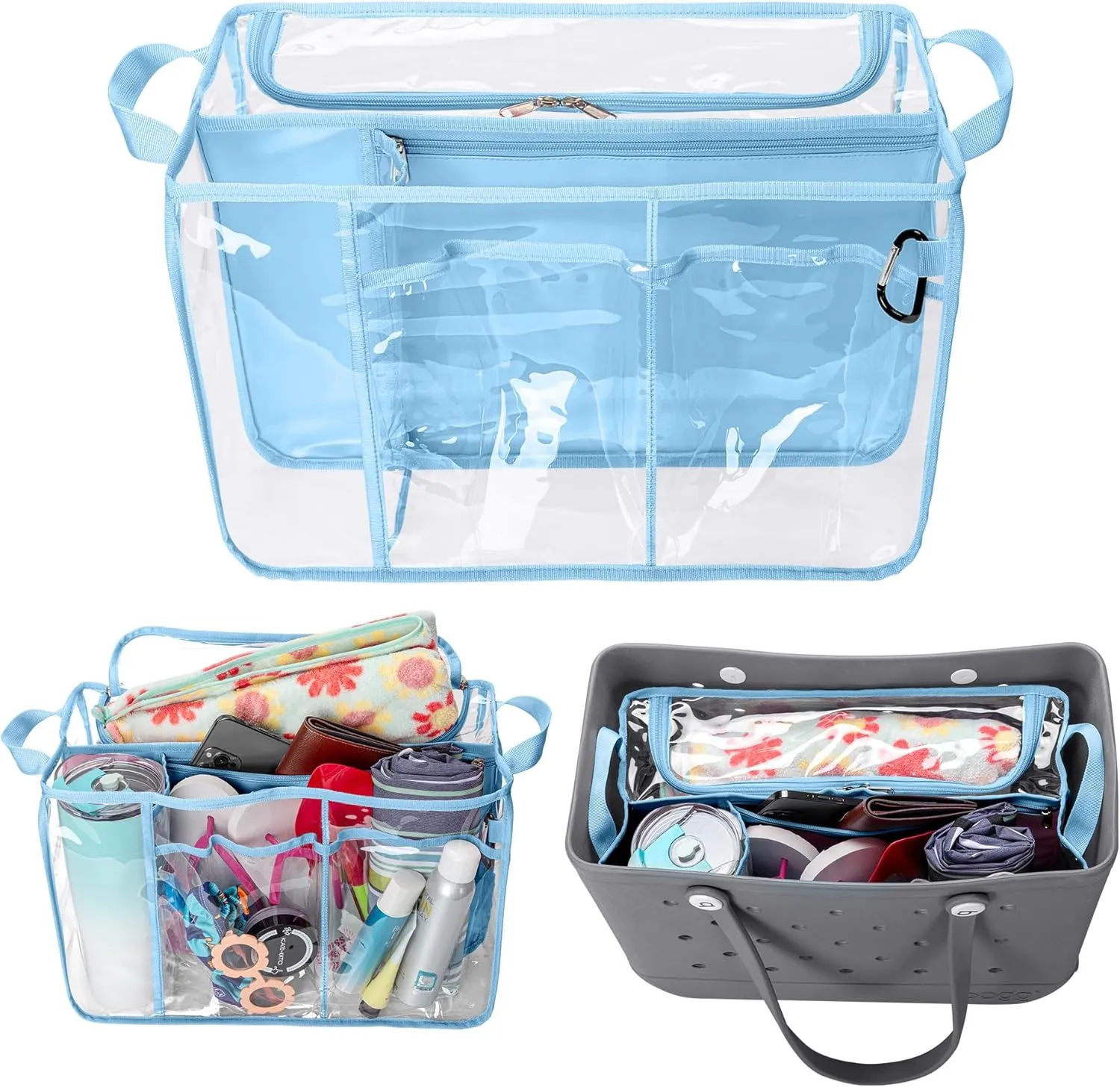 Clear Beach Bag Organizer Insert Compatible with BOGG BAG Original X Large, Zipper Organizer Liner Compatible with BOGG BAG Original X Large, Insert Divider Pouch with 2 Compartments, Blue