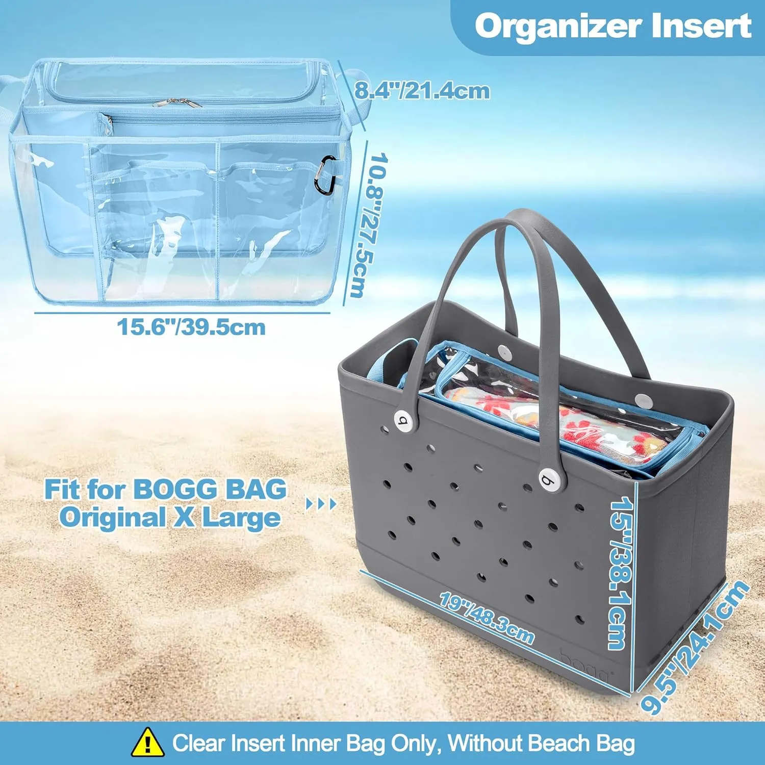 Clear Beach Bag Organizer Insert Compatible with BOGG BAG Original X Large, Zipper Organizer Liner Compatible with BOGG BAG Original X Large, Insert Divider Pouch with 2 Compartments, Blue