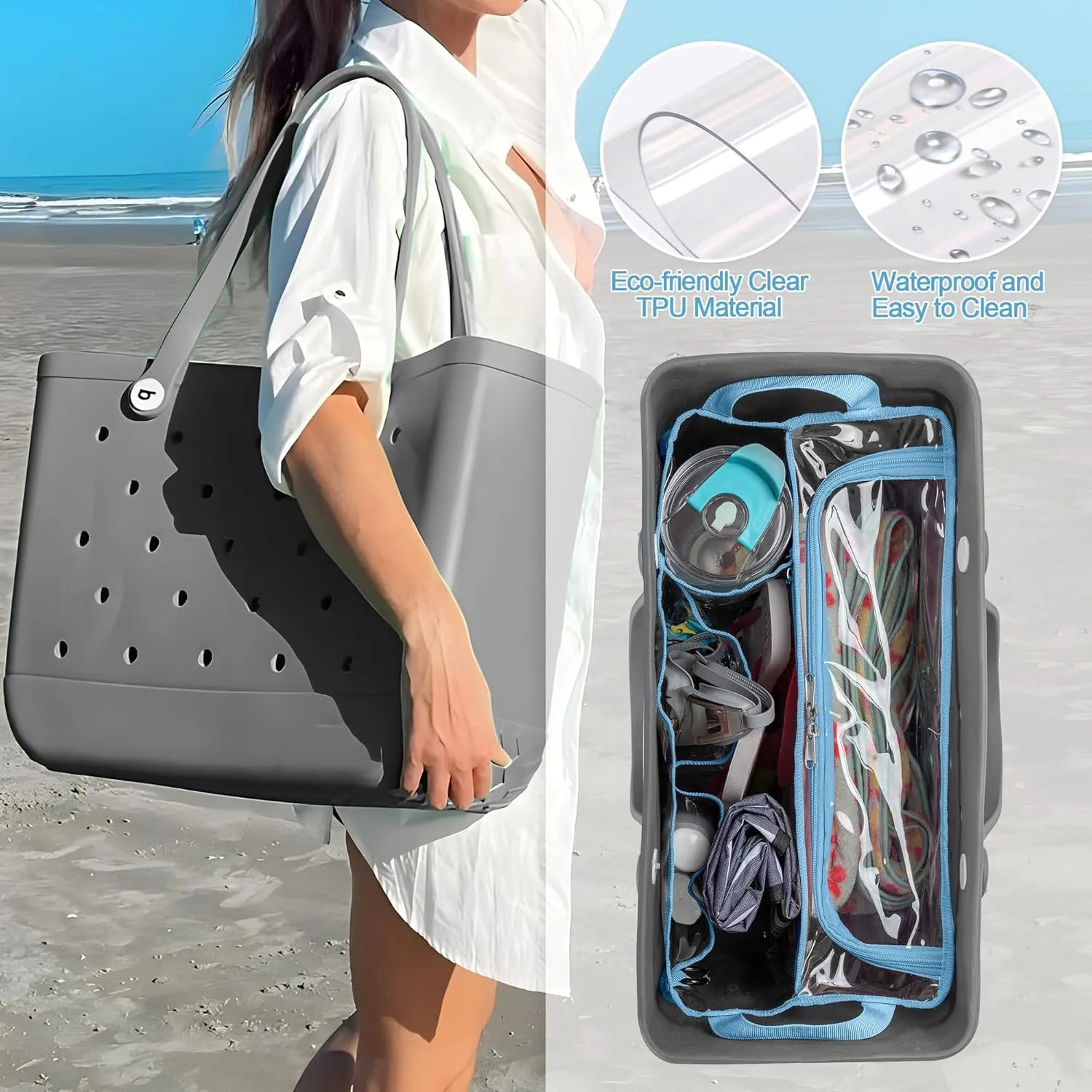 Clear Beach Bag Organizer Insert Compatible with BOGG BAG Original X Large, Zipper Organizer Liner Compatible with BOGG BAG Original X Large, Insert Divider Pouch with 2 Compartments, Blue