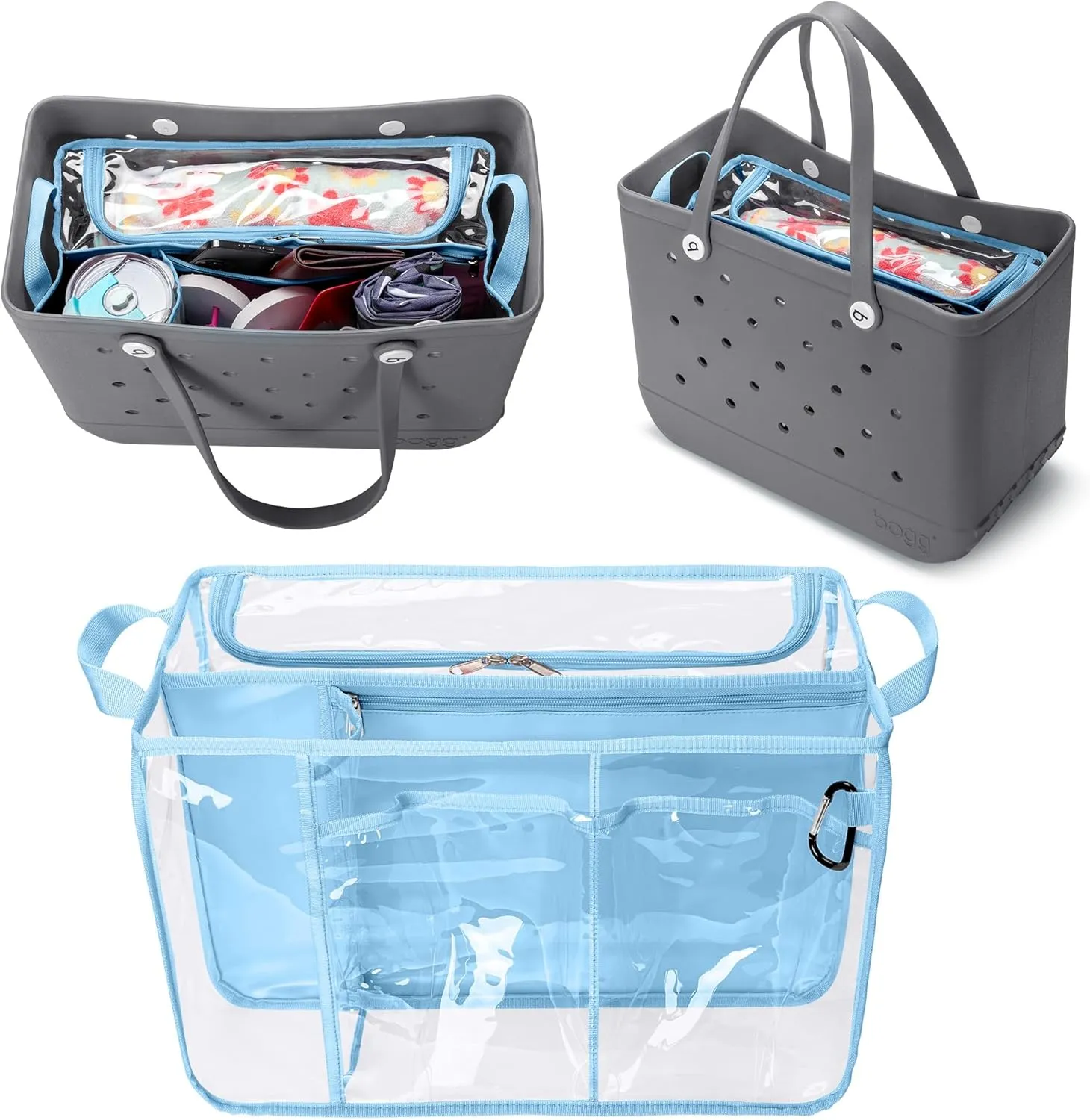Clear Beach Bag Organizer Insert Compatible with BOGG BAG Original X Large, Zipper Organizer Liner Compatible with BOGG BAG Original X Large, Insert Divider Pouch with 2 Compartments, Blue