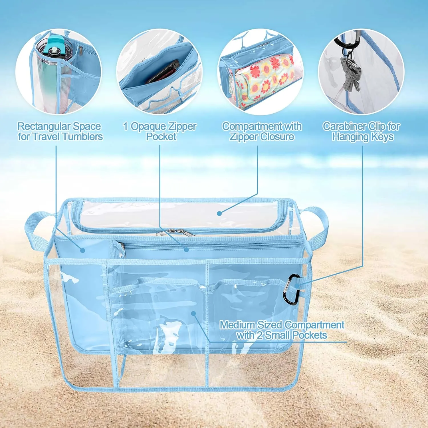 Clear Beach Bag Organizer Insert Compatible with BOGG BAG Original X Large, Zipper Organizer Liner Compatible with BOGG BAG Original X Large, Insert Divider Pouch with 2 Compartments, Blue