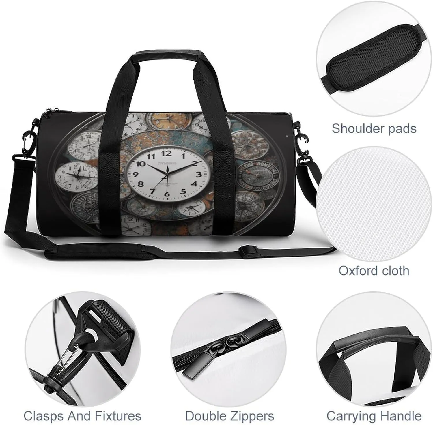 Clock Art Gym Bag Small Travel Duffle Bag with Compartment Carry On Weekender Bag for Women Men