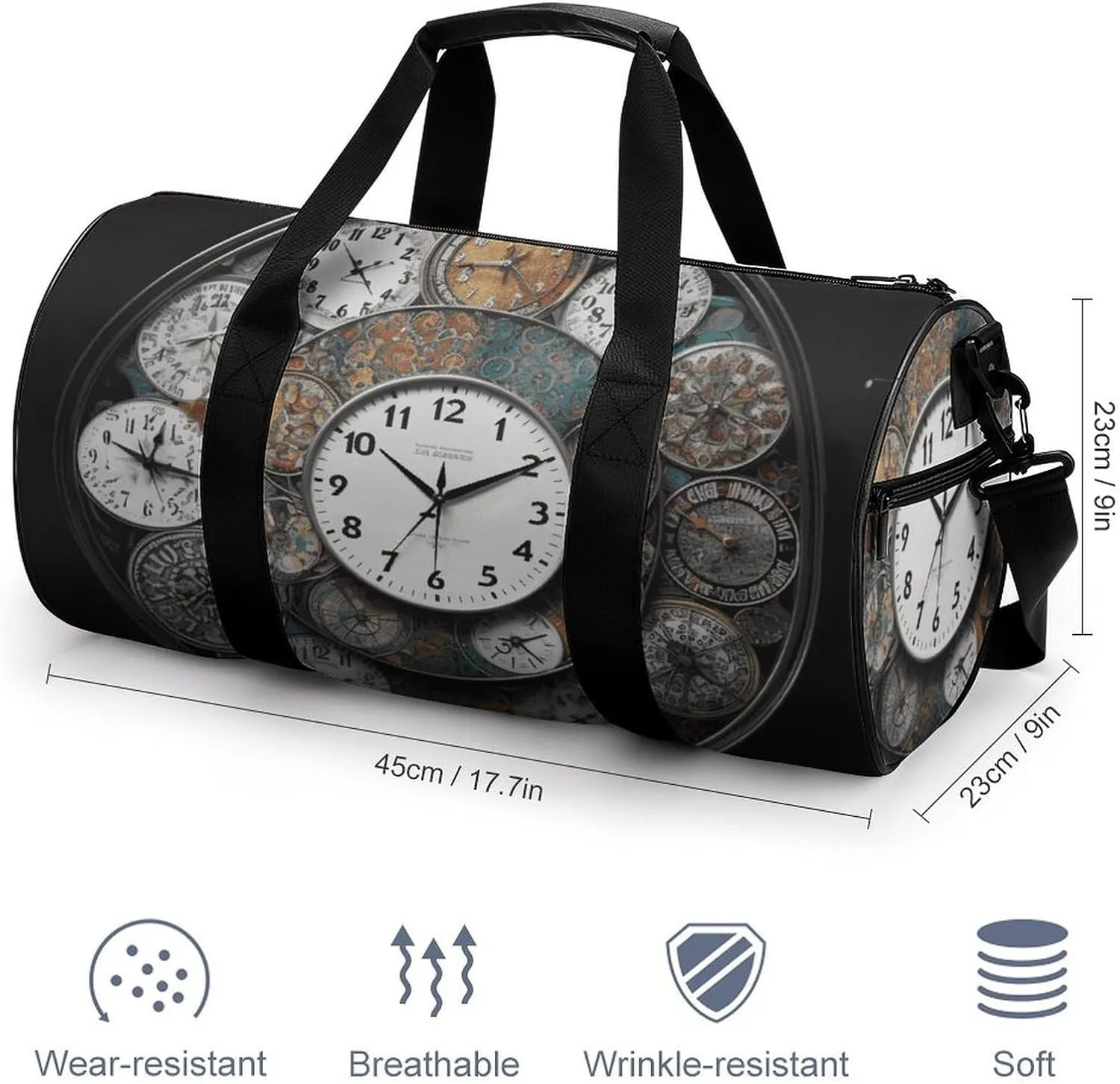 Clock Art Gym Bag Small Travel Duffle Bag with Compartment Carry On Weekender Bag for Women Men