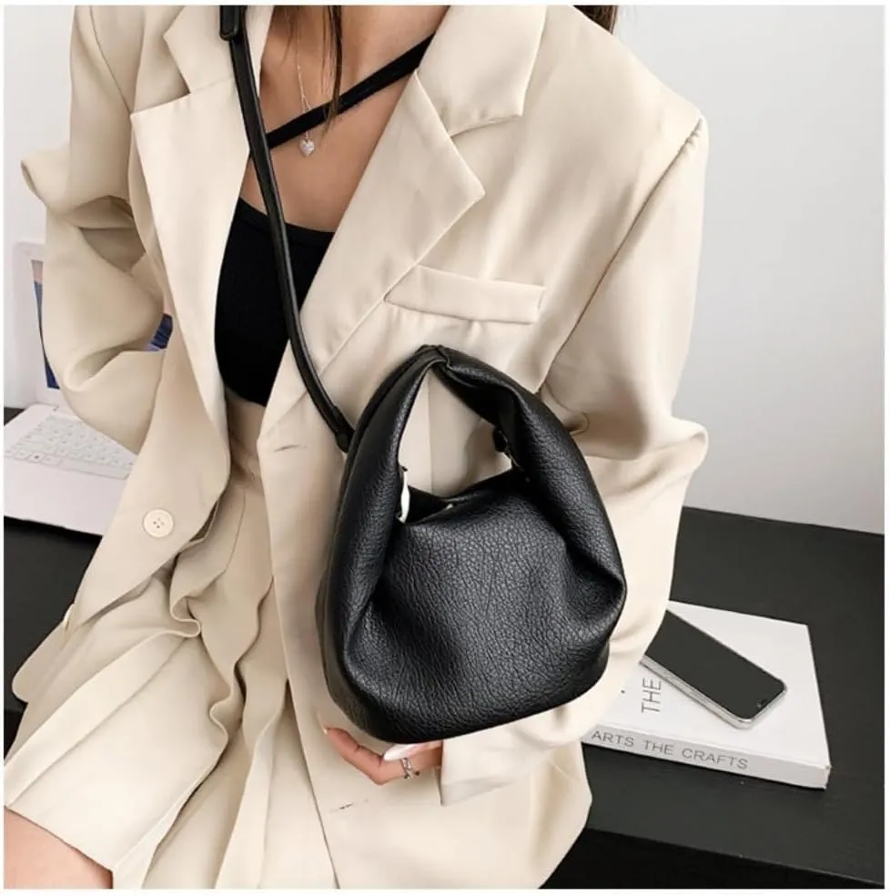 Cloud Small Handbag PU Leather Single Shoulder Crossbody Bag and Folds Design Purse for Women (Black)