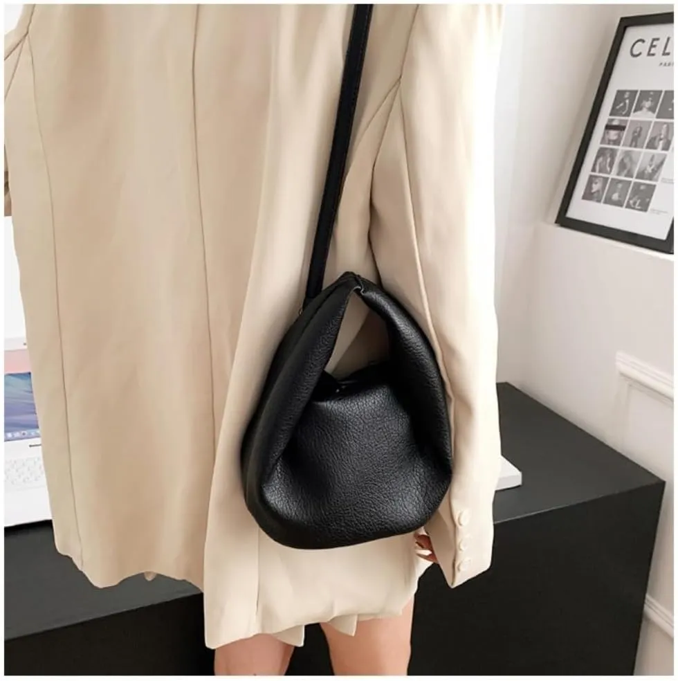 Cloud Small Handbag PU Leather Single Shoulder Crossbody Bag and Folds Design Purse for Women (Black)