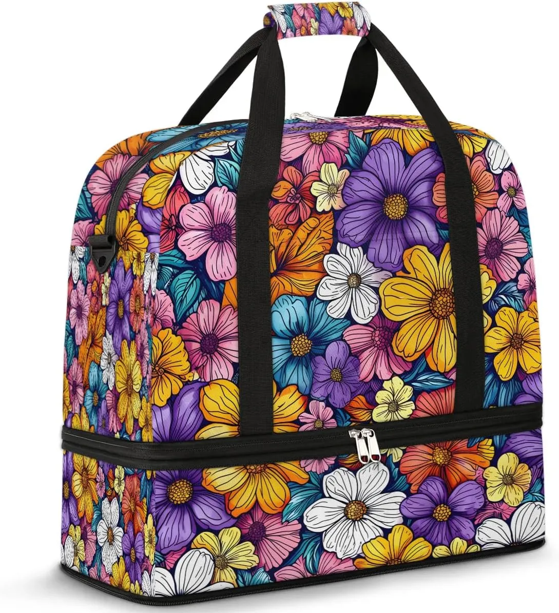 Colorful Flora Fancy Pattern Travel Duffle Bag, Collapsible Travel Bag Sports Gym Bag With Shoes Compartment Weekender Bag Overnight Bag For Women Men